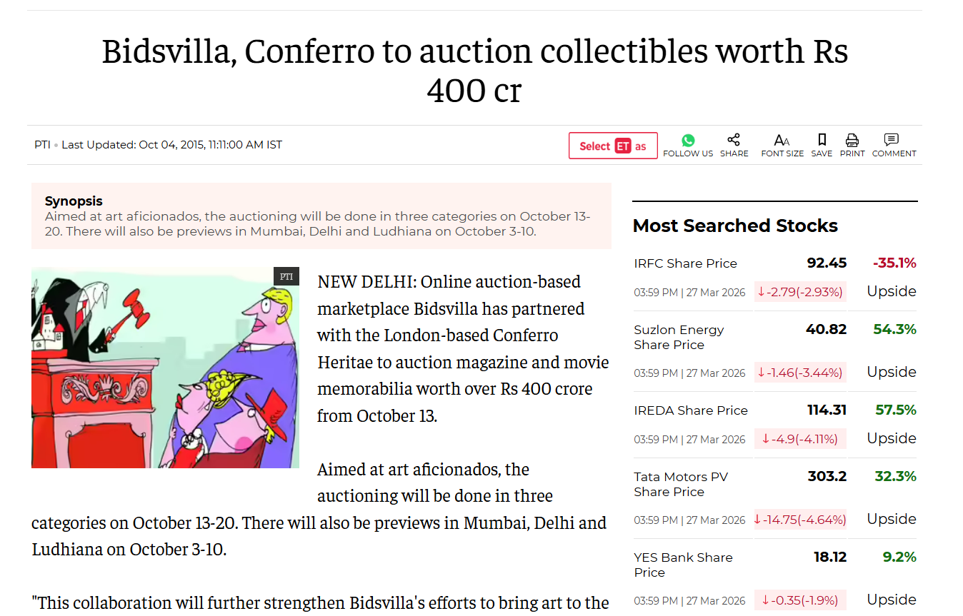 Bidsvilla and Conferro Partner to Auction Collectibles Worth ₹400 Crore