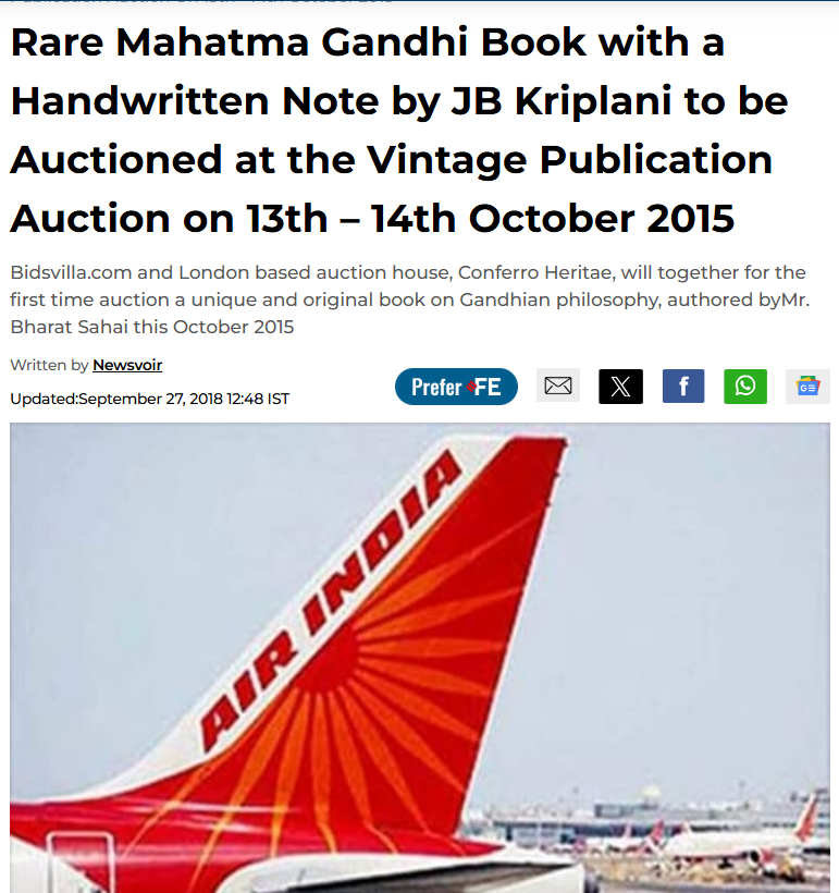 Rare Gandhian Book with J.B. Kripalani’s Note to Go Under the Hammer